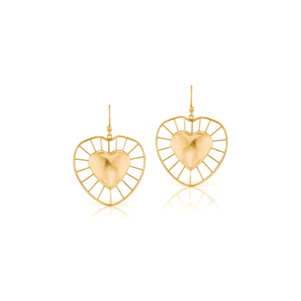 18k yellow gold radial heart earrings small on French wire by Christina Alexiou Tiny Gods