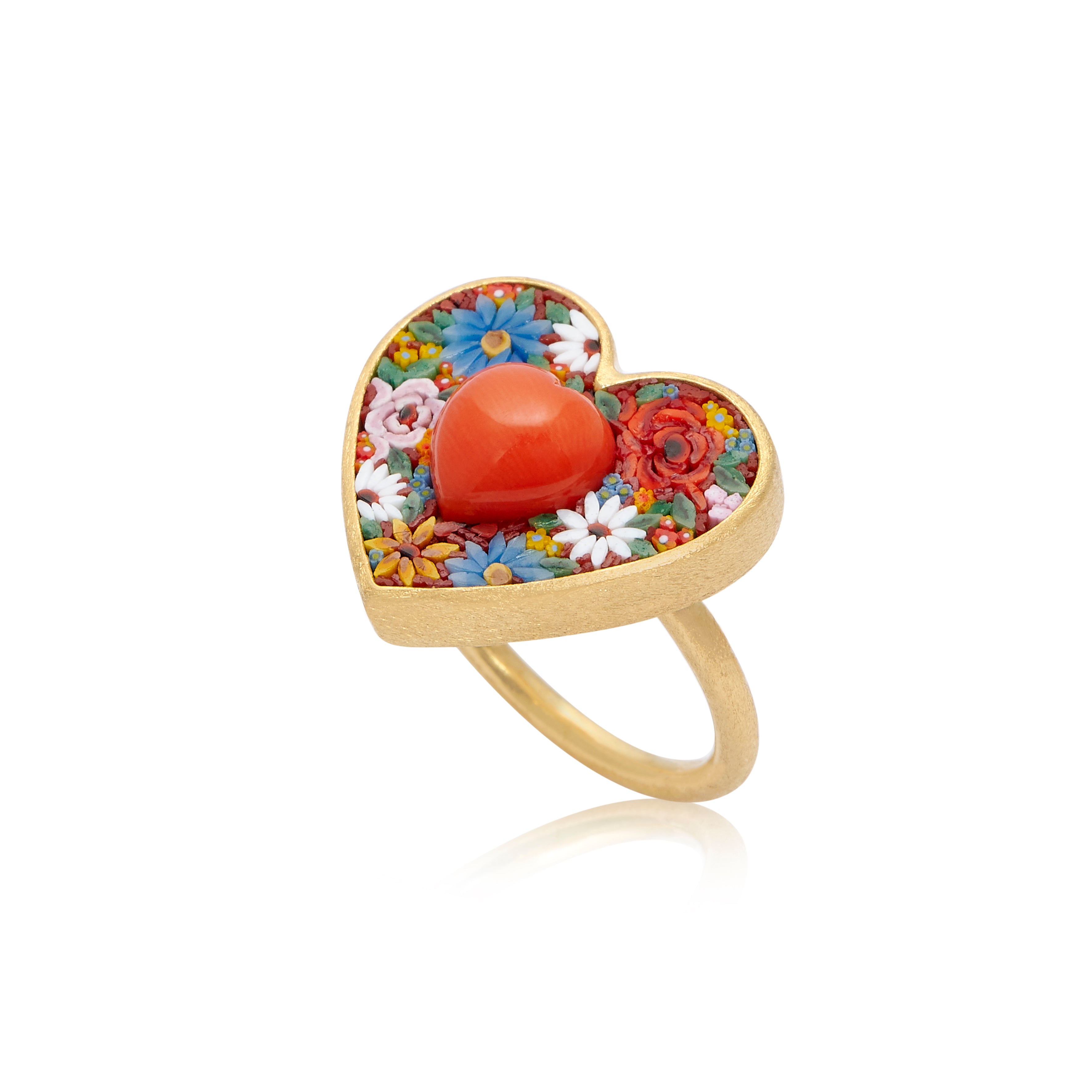 18k yellow gold heart micro mosaic flower floral ring with red coral heart ring by Le Sibille Tiny Gods 