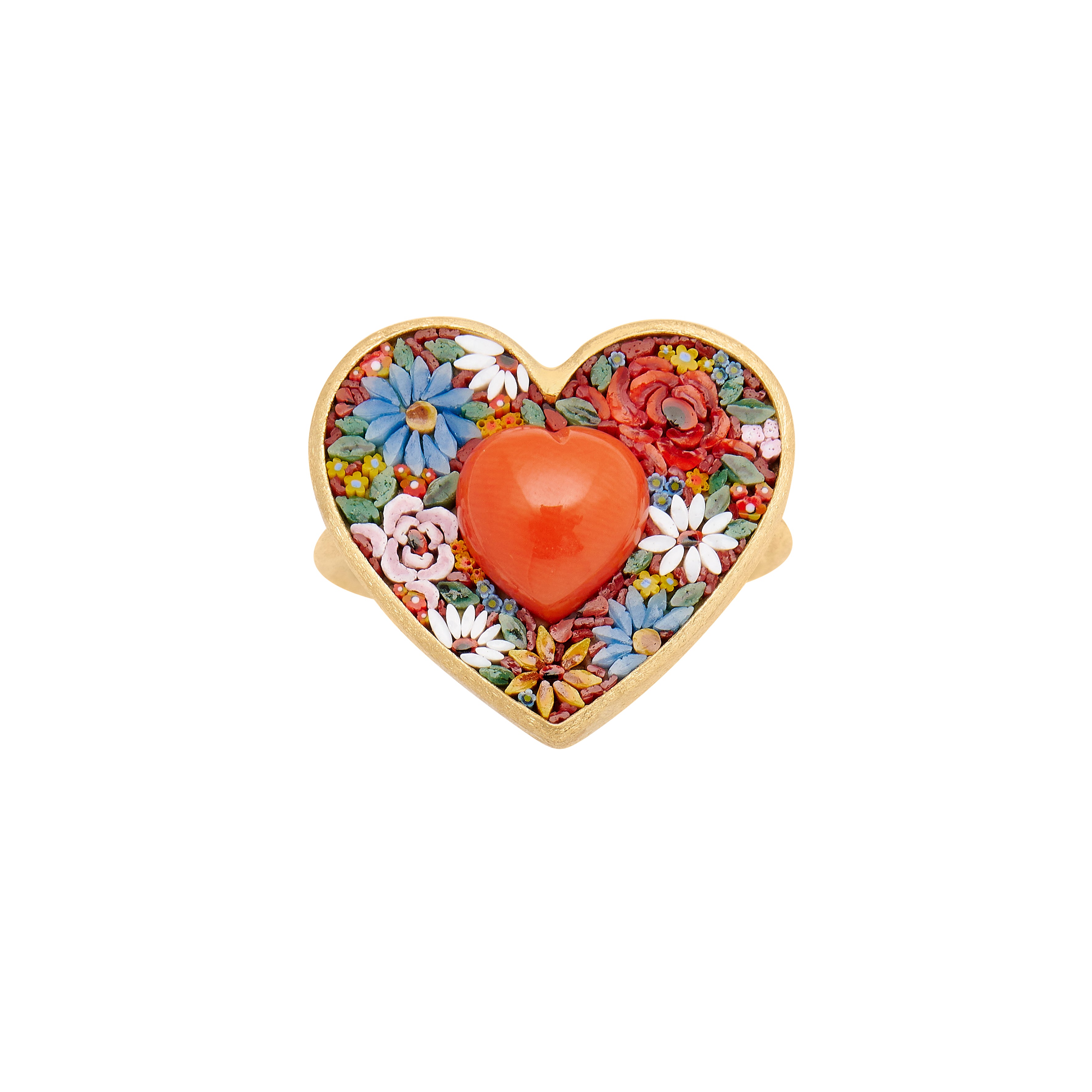 18k yellow gold heart micro mosaic flower floral ring with red coral heart ring by Le Sibille Tiny Gods 