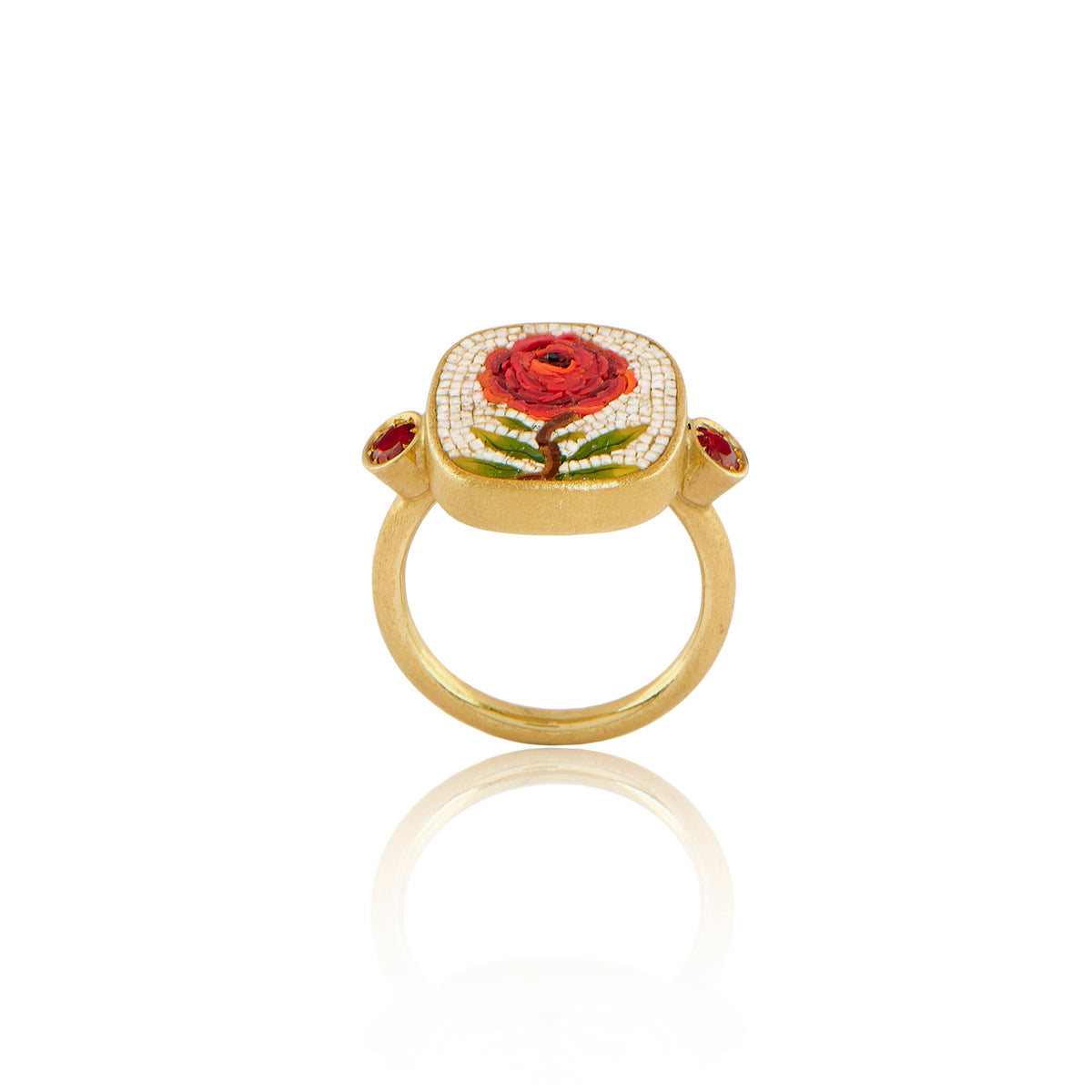 18k yellow gold ruby red rose square micro mosaic ring by Le Sibille Tiny Gods 