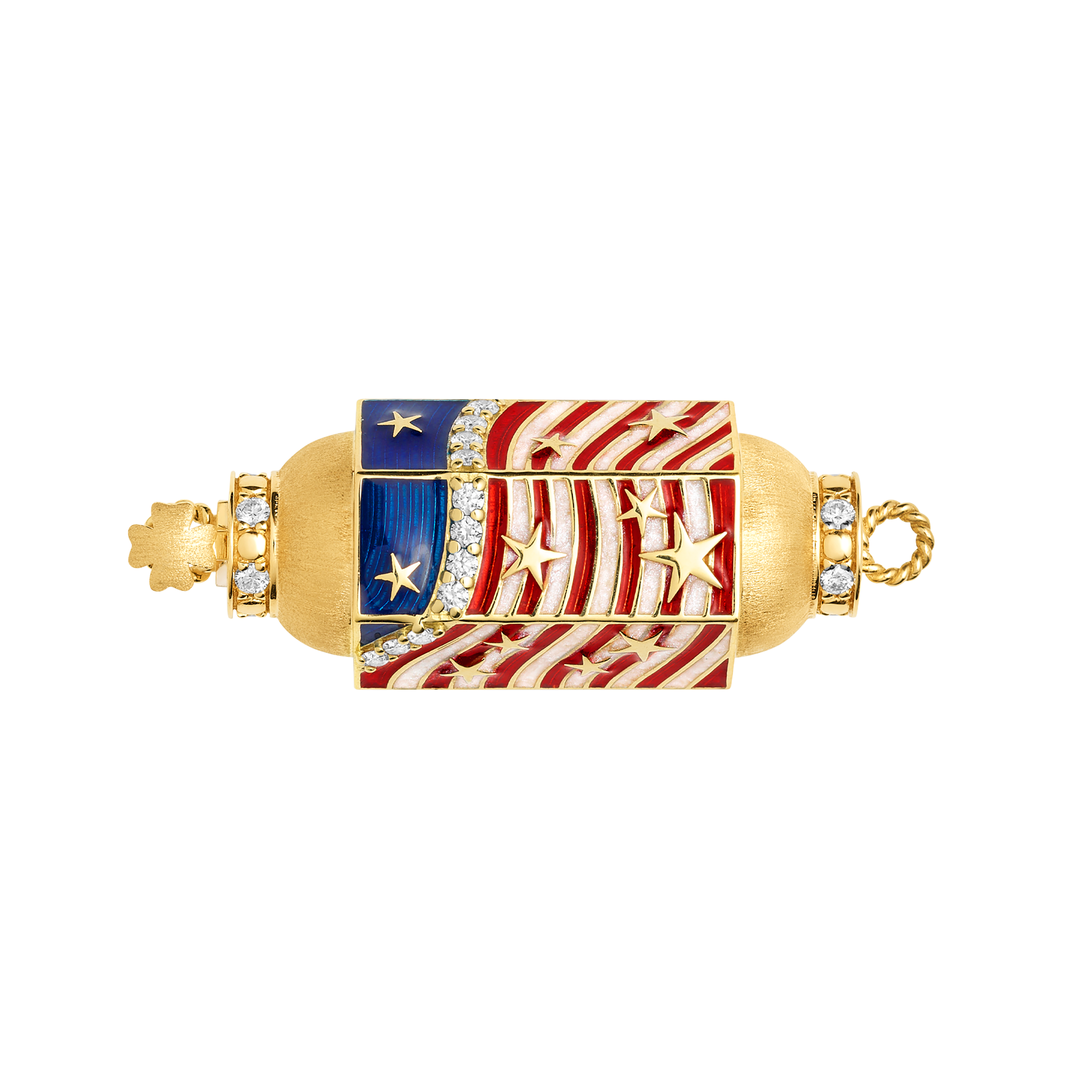 18k yellow gold diamond red white and blue USA enamel star stripe flag locket with pearl red and navy Mauli cord by Marie Lichtenberg Tiny Gods 