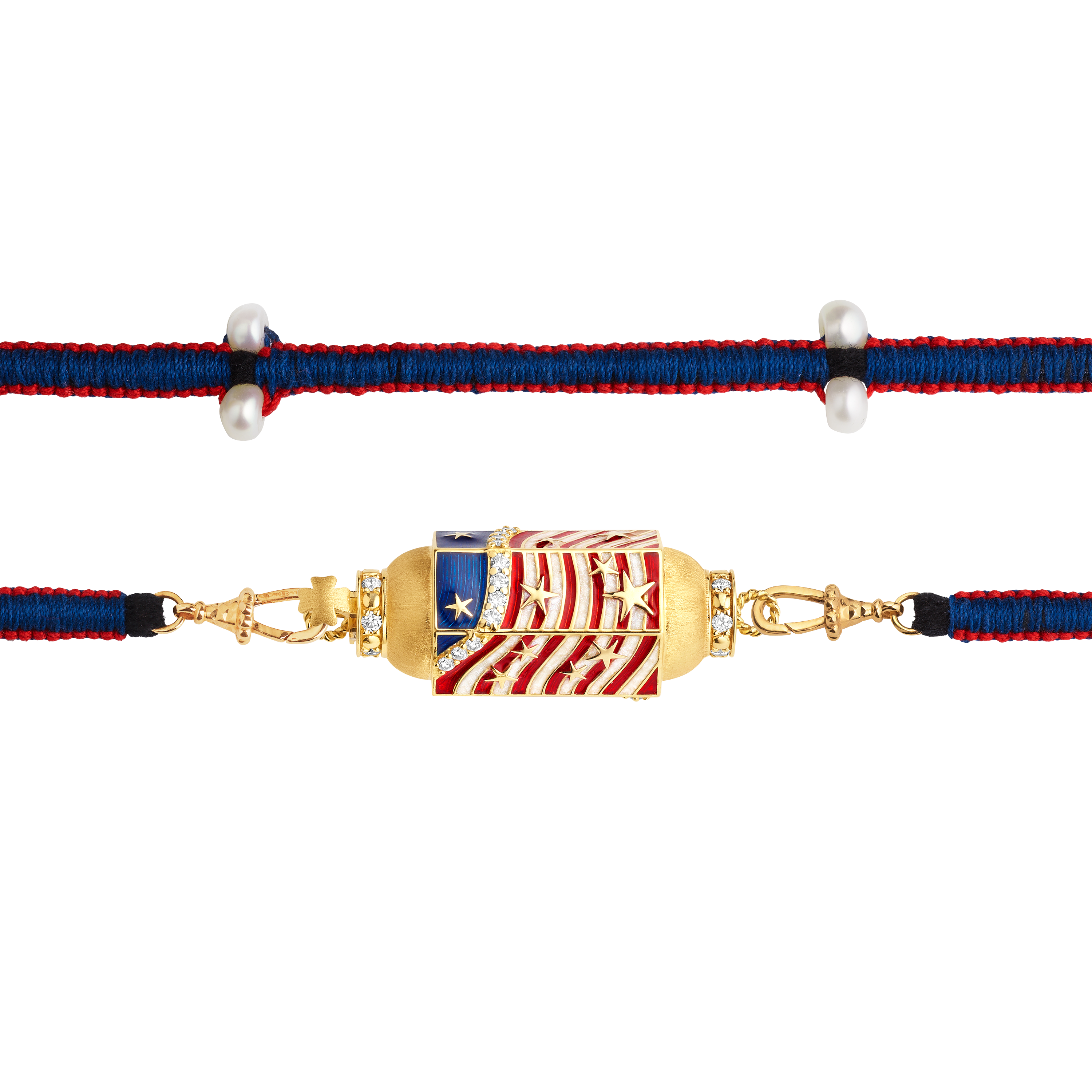 18k yellow gold diamond red white and blue USA enamel star stripe flag locket with pearl red and navy Mauli cord by Marie Lichtenberg Tiny Gods 