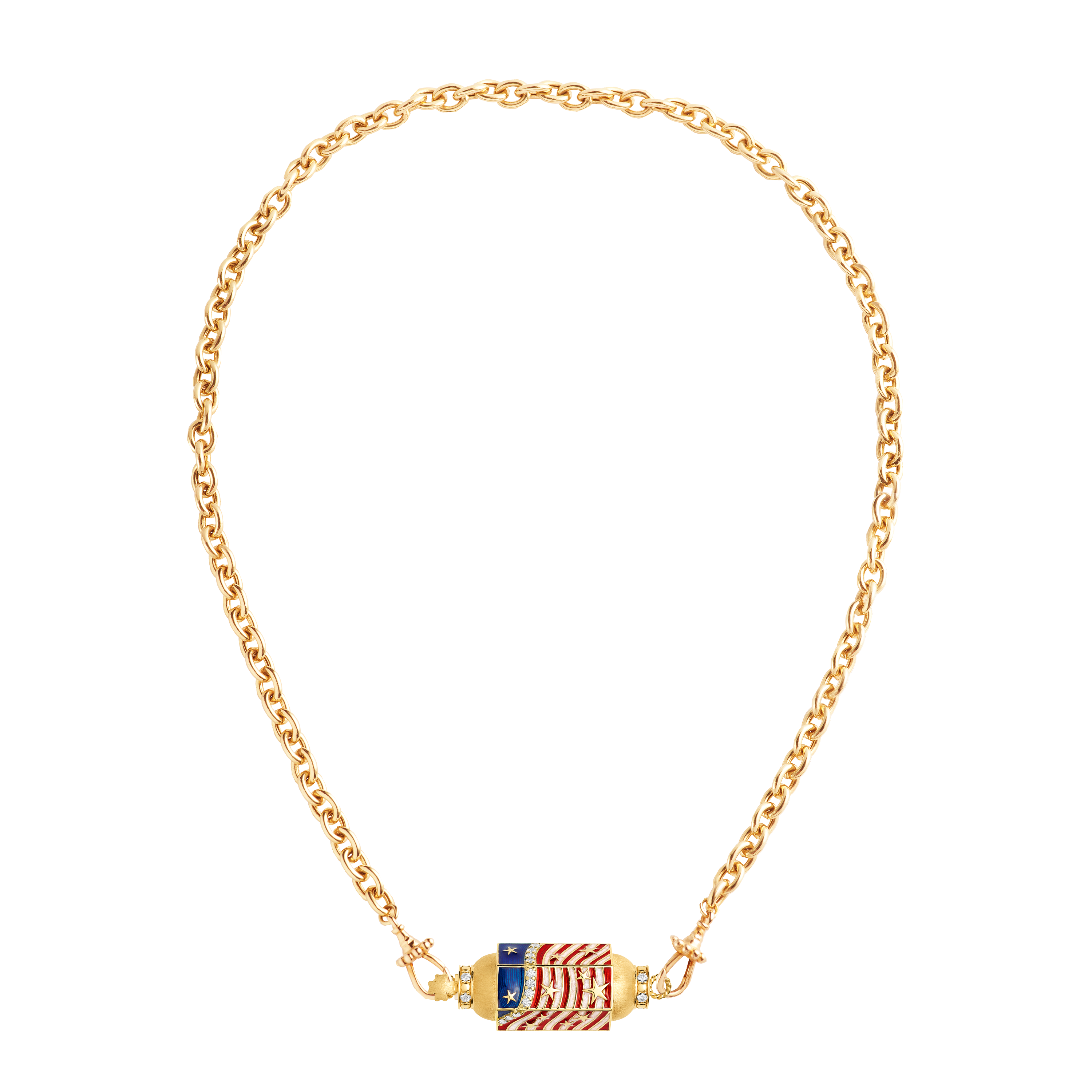 18k yellow gold diamond red white and blue USA enamel star stripe flag locket with pearl red and navy Mauli cord by Marie Lichtenberg Tiny Gods 