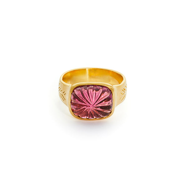 18k yellow gold retold square pink tourmaline etched feather ring Christina alexiou tiny gods 