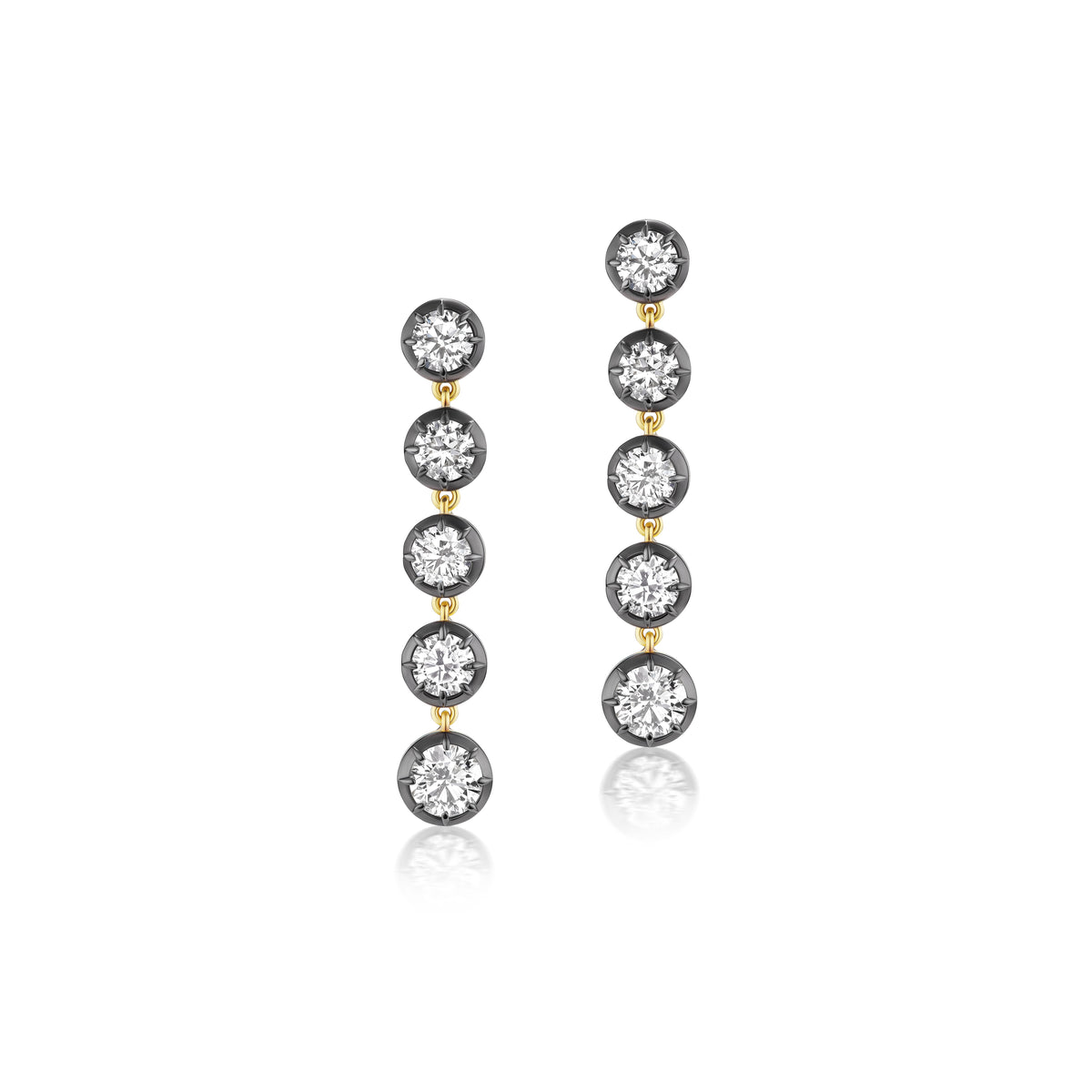 18k yellow gold 5 drop regency prong bezel round brilliant cut diamond drop earings Tiny Gods