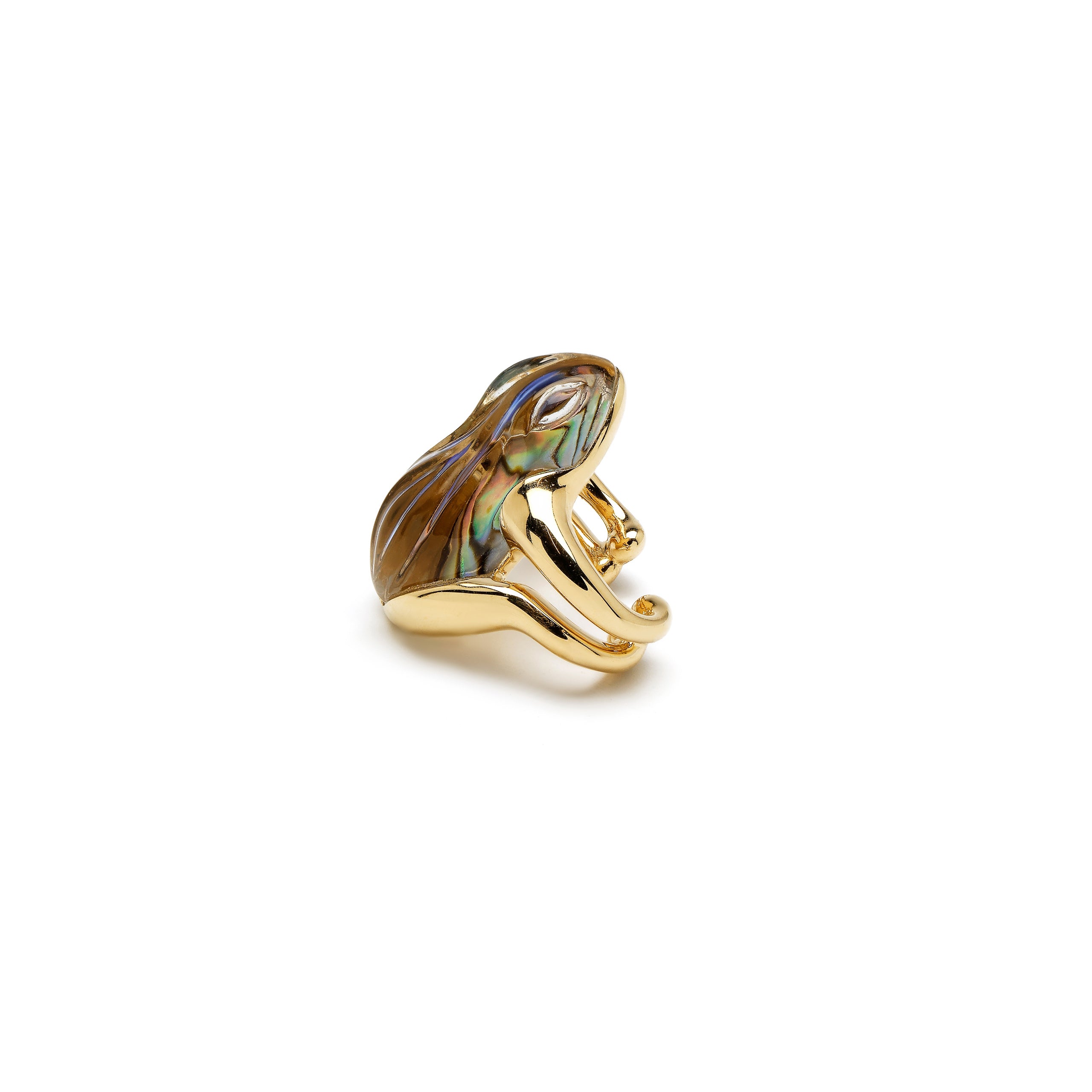 18k yellow gold carved rock crystal abalone frog hugger ear cuff by Bibi van der Velden Tiny Gods 