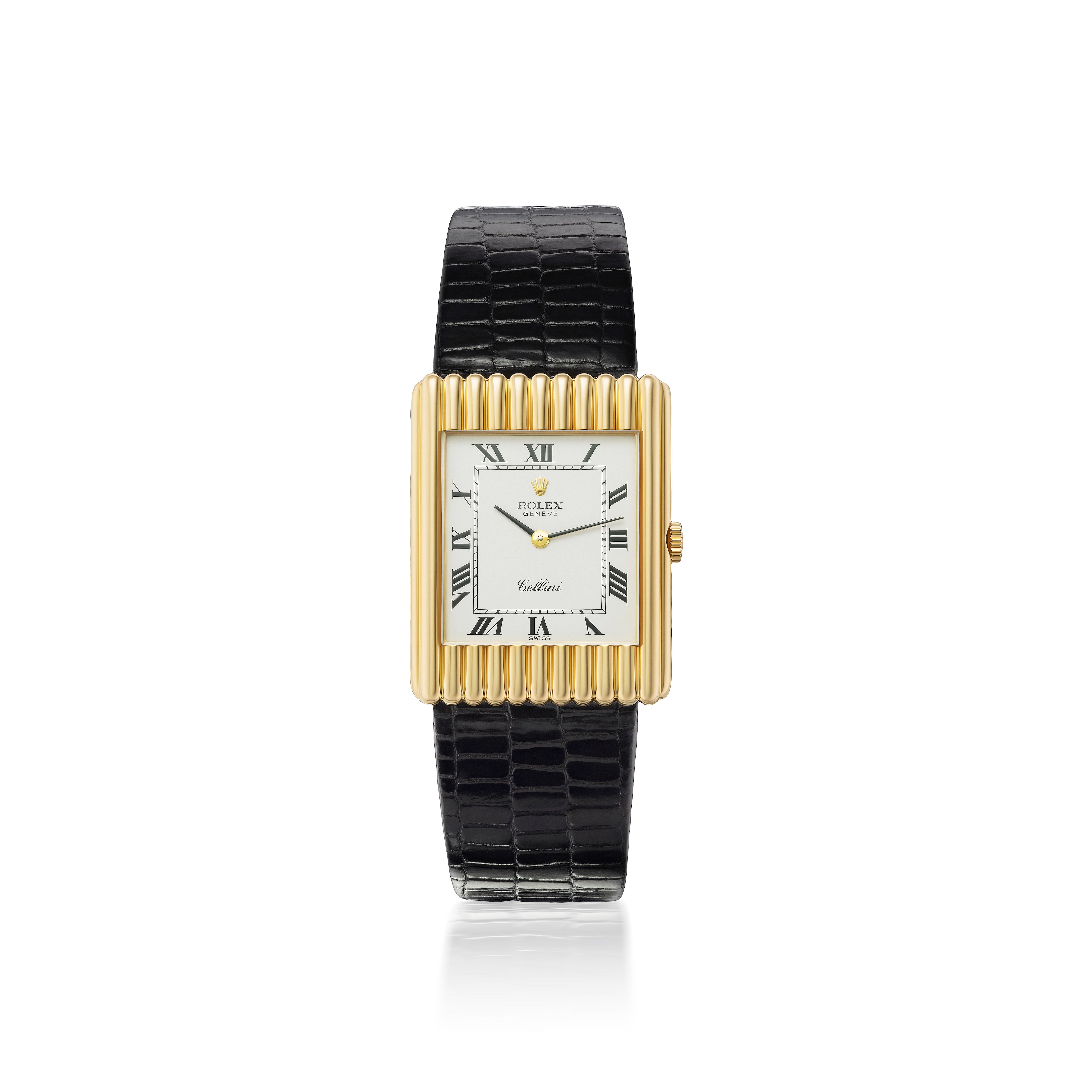 18k yellow gold ribbed Cellini vintage black leather strap watch square face manual wind by Rolex Tiny Gods 