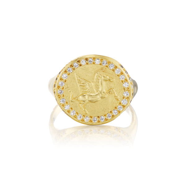 18k yellow gold single row diamond pegasus horse ring Christina alexiou tiny gods 