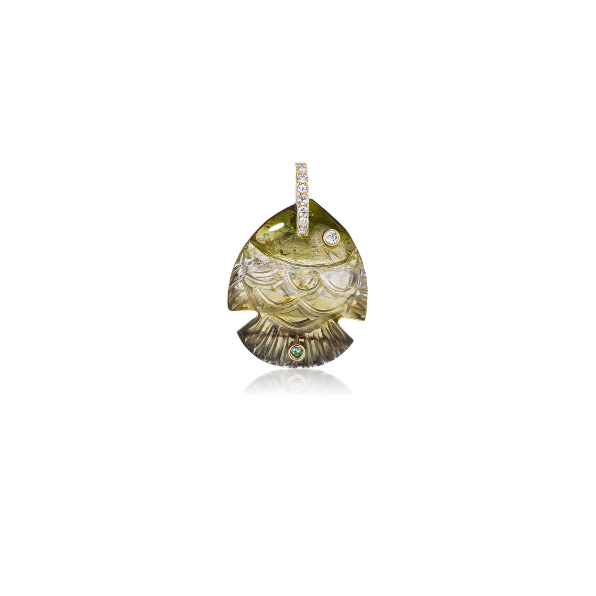 18k yellow gold green small petite diamond tourmaline fish pendant by Violette Joaillerie Tiny Gods
