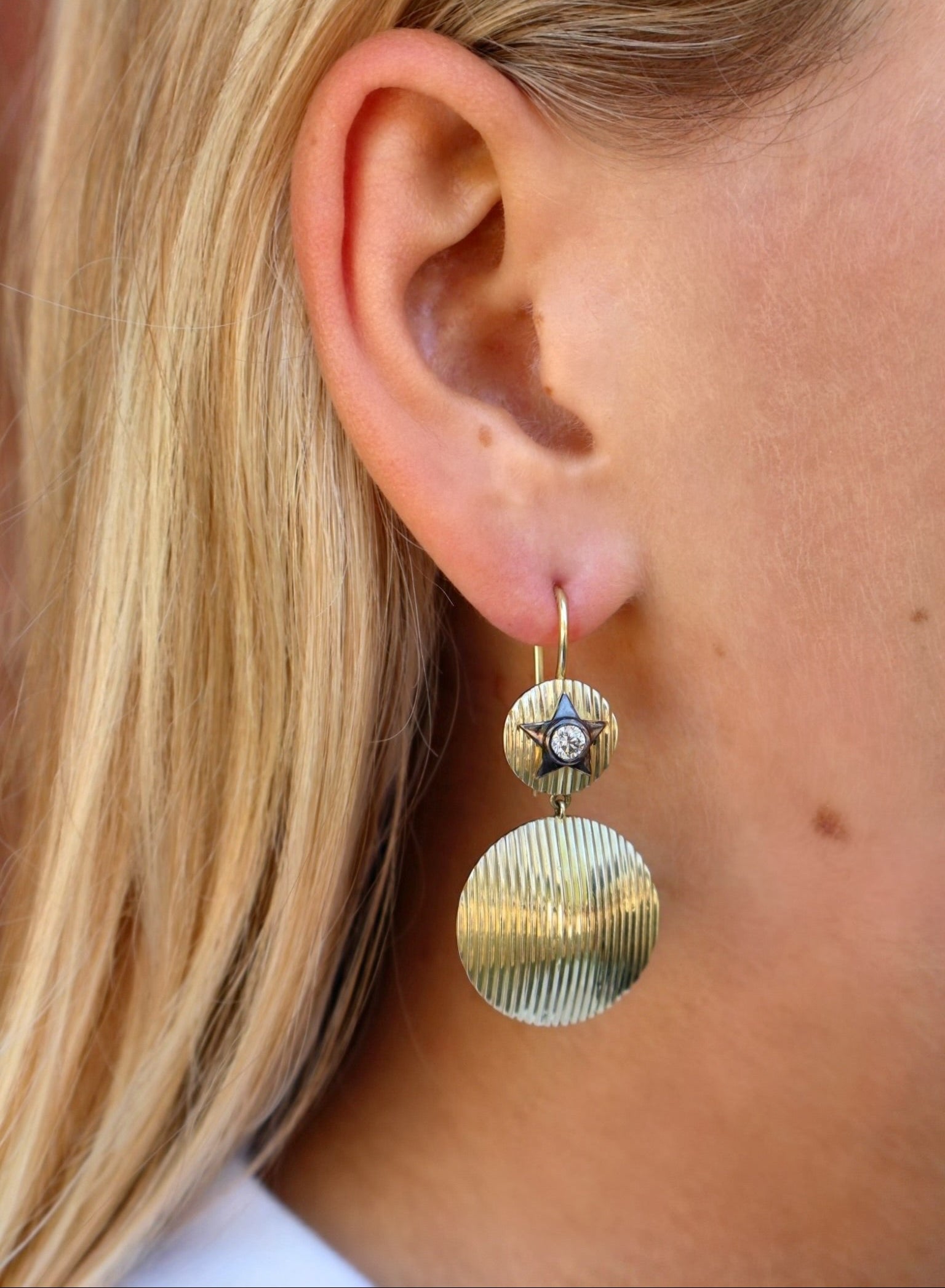 18k yellow gold Gilded Age Double Disc Star Earrings with diamonds by Sylva & Cie at Tiny Gods