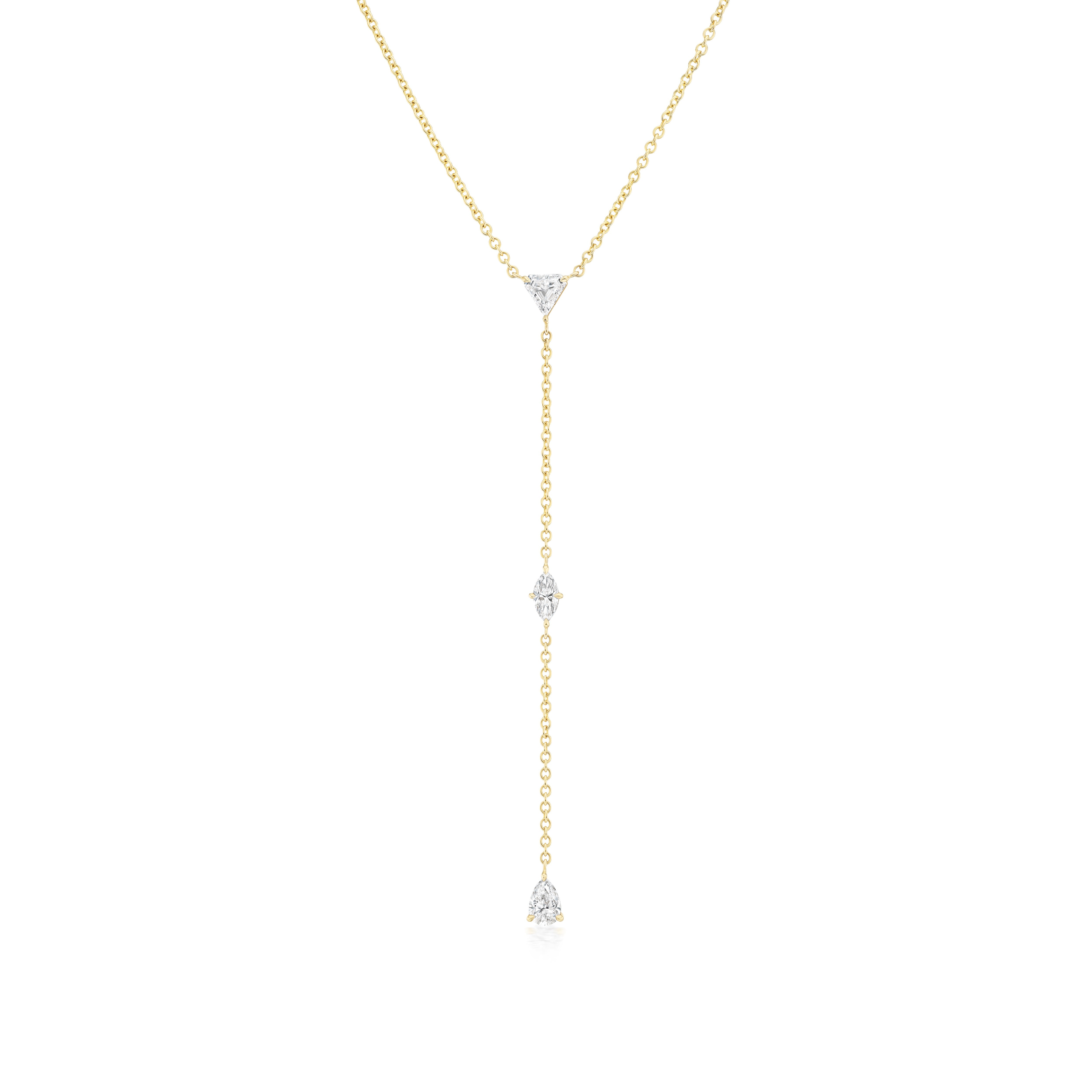 18k yellow gold shield, marquise and pear shaped prong set diamond lariat drop necklace by Tiny Gods 