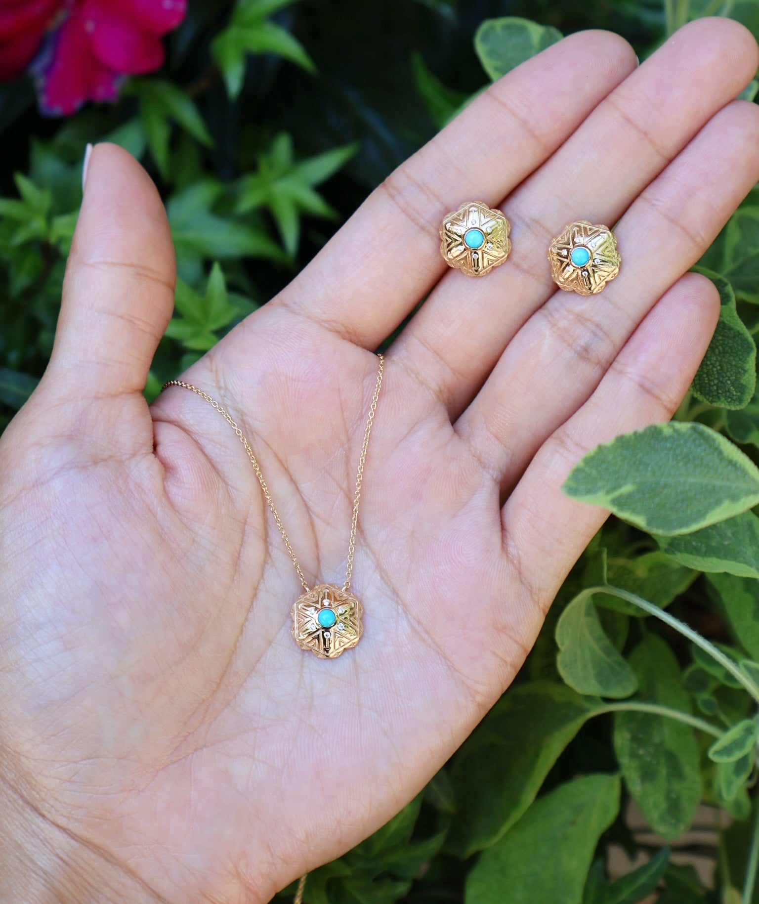 18k yellow gold diamond and turquoise concho pendant necklace by harwell Godfrey Tiny Gods 