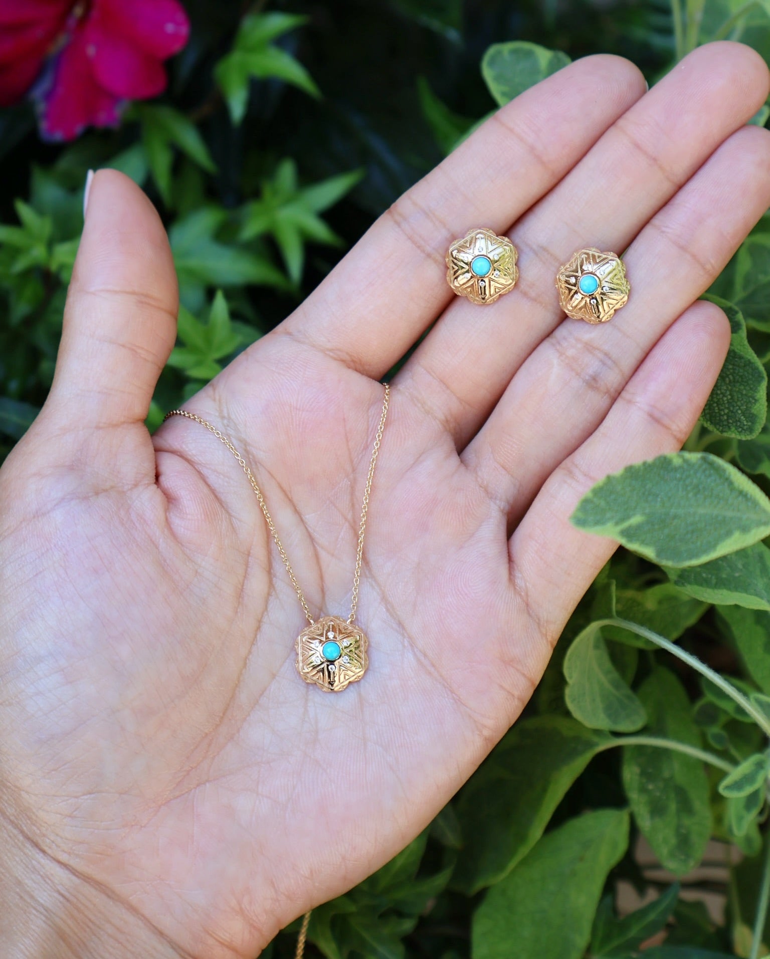 18k yellow gold diamond and turquoise concho stud earrings by Harwell Godfrey Tiny Gods 