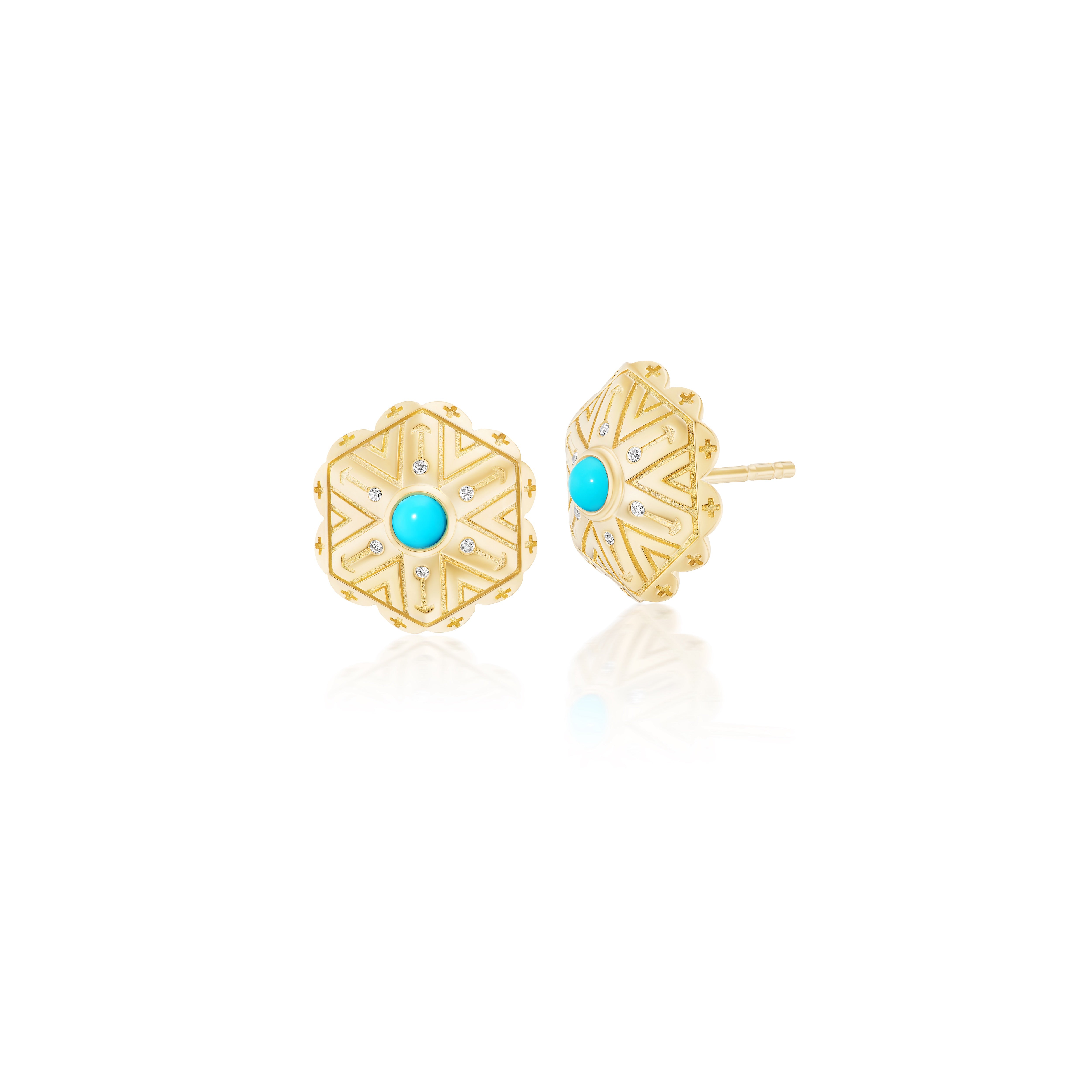 18k yellow gold diamond and turquoise concho stud earrings by Harwell Godfrey Tiny Gods 