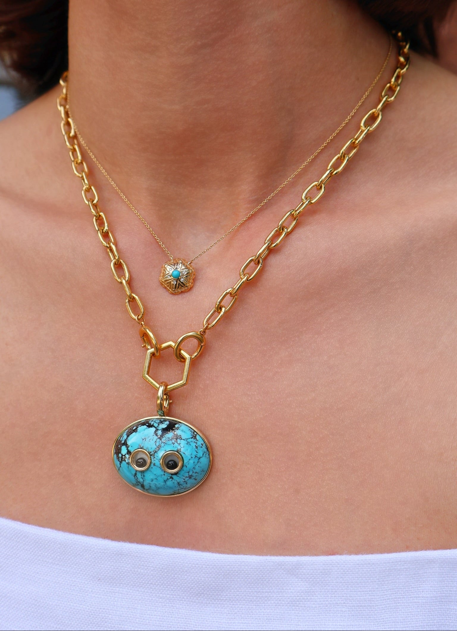 18k yellow gold turquoise googly eye lil buddies pet rock 1975 collection by Harwell Godfrey Tiny Gods 
