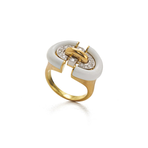 18k yellow gold unity ring with white enamel and diamonds by David Webb Tiny Gods 