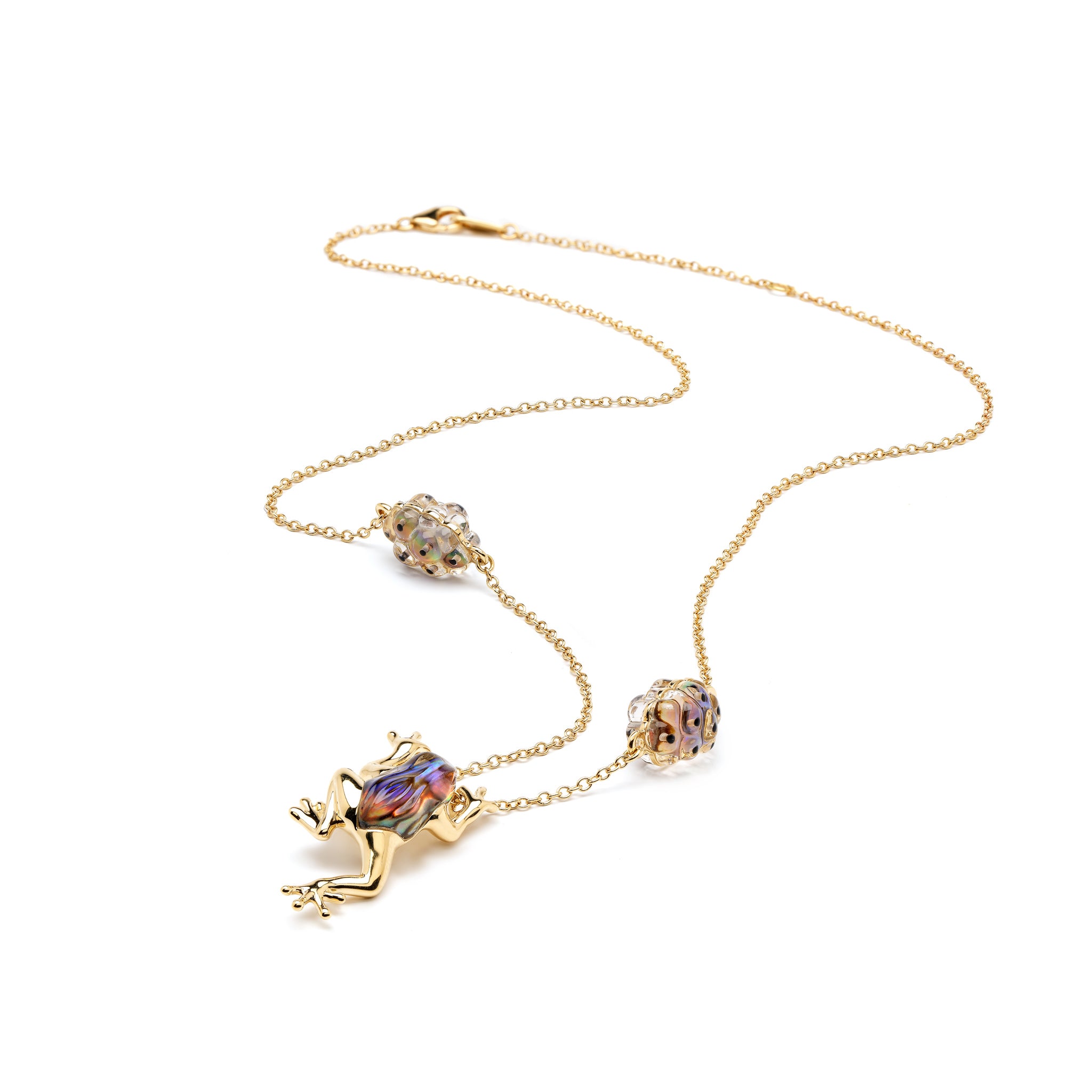 18k yellow gold carved white quartz abalone frog pendant with eggs on the chain by Bibi van der Velden tiny gods 