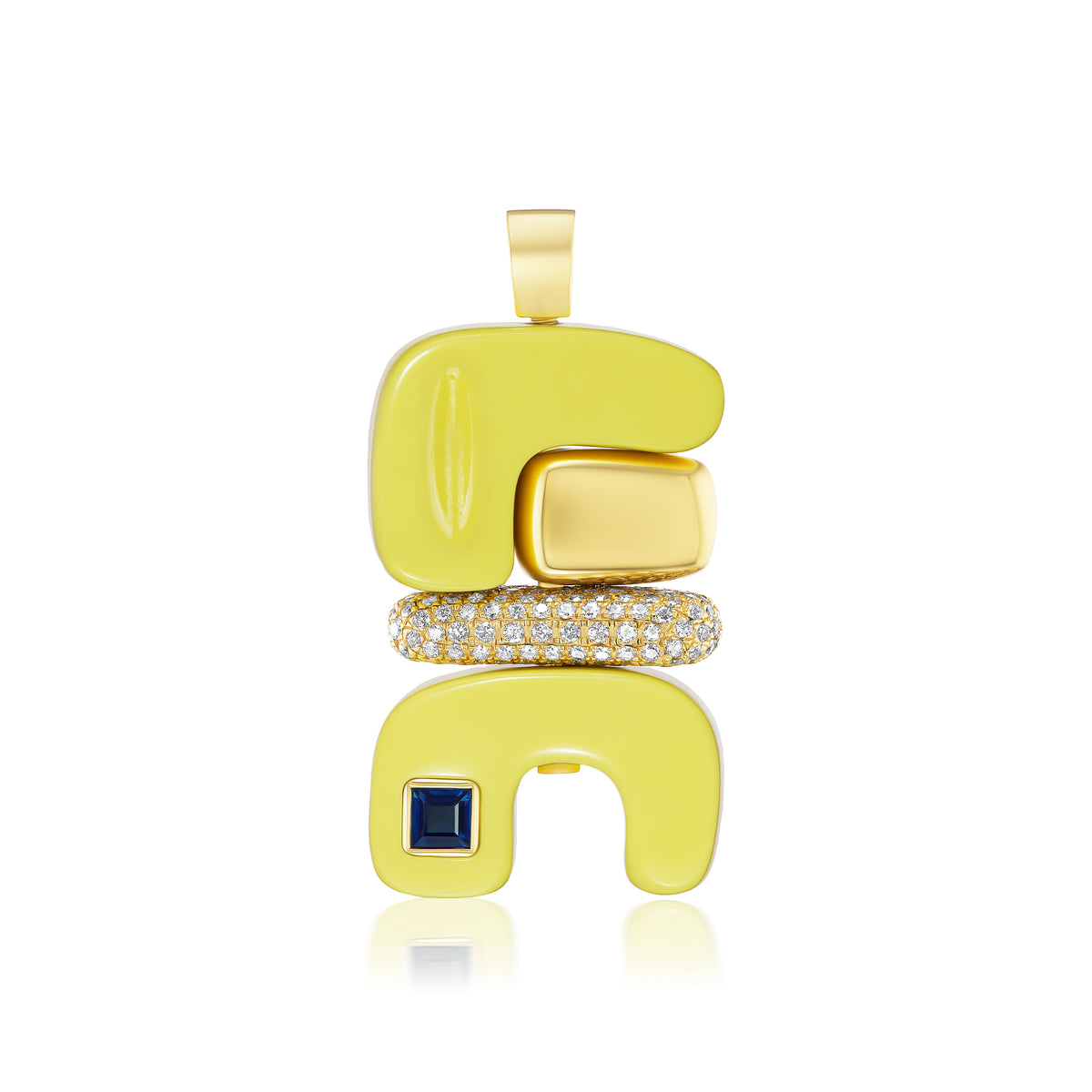 18k yellow gold yellow opal totem pendant by Joelle Kharratt with blue sapphire element Tiny Gods 