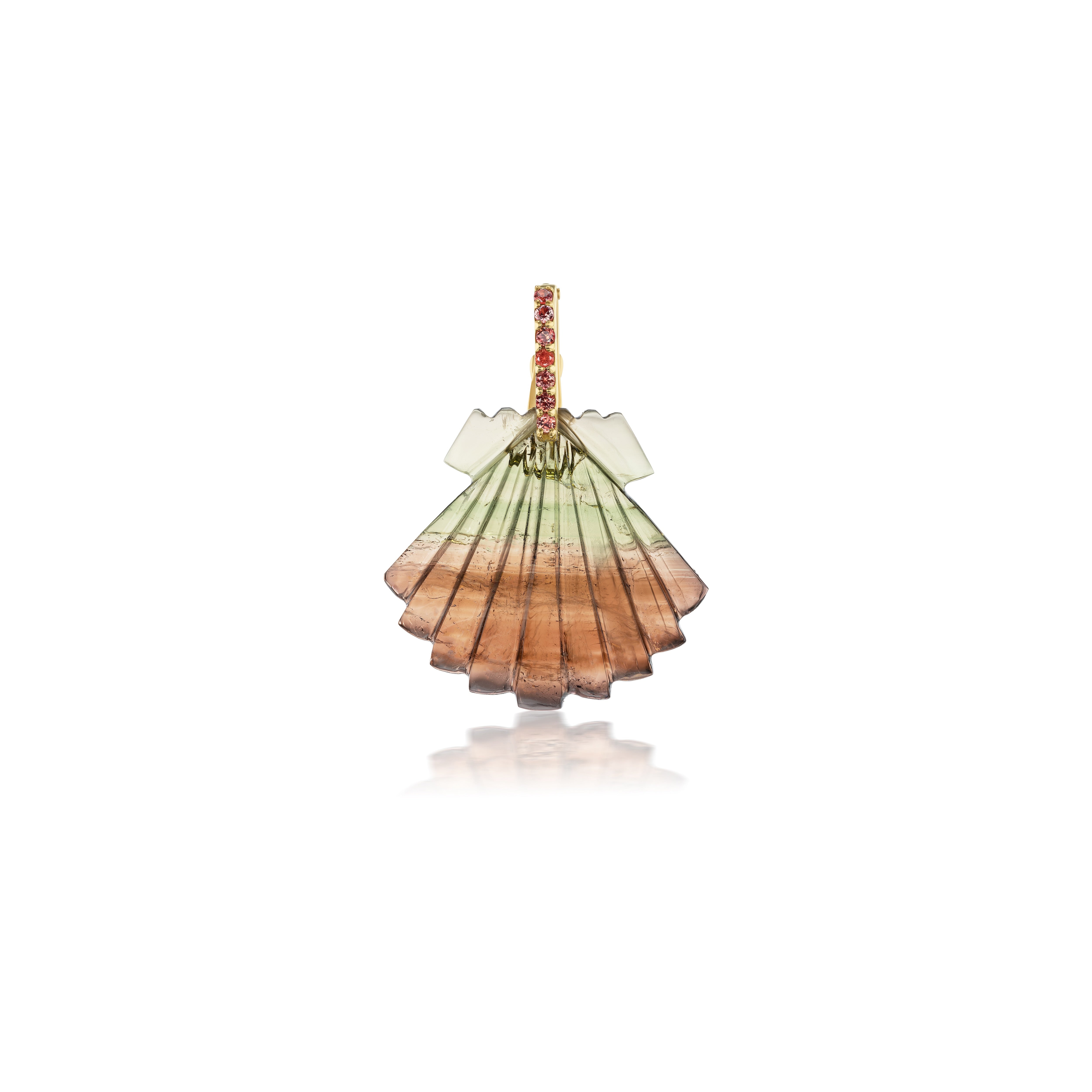 18k yellow gold Bi-Color hand-carved Tourmaline Clam Shell Pendant charm by Violette at Tiny Gods with enhancer bale with sapphires sea life jewelry