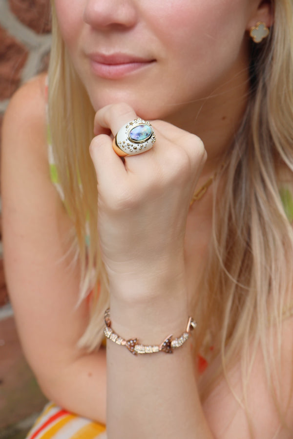 18k yellow gold mammoth and opal galaxy dome ring with stars by Bibi Van Der Velden Tiny Gods