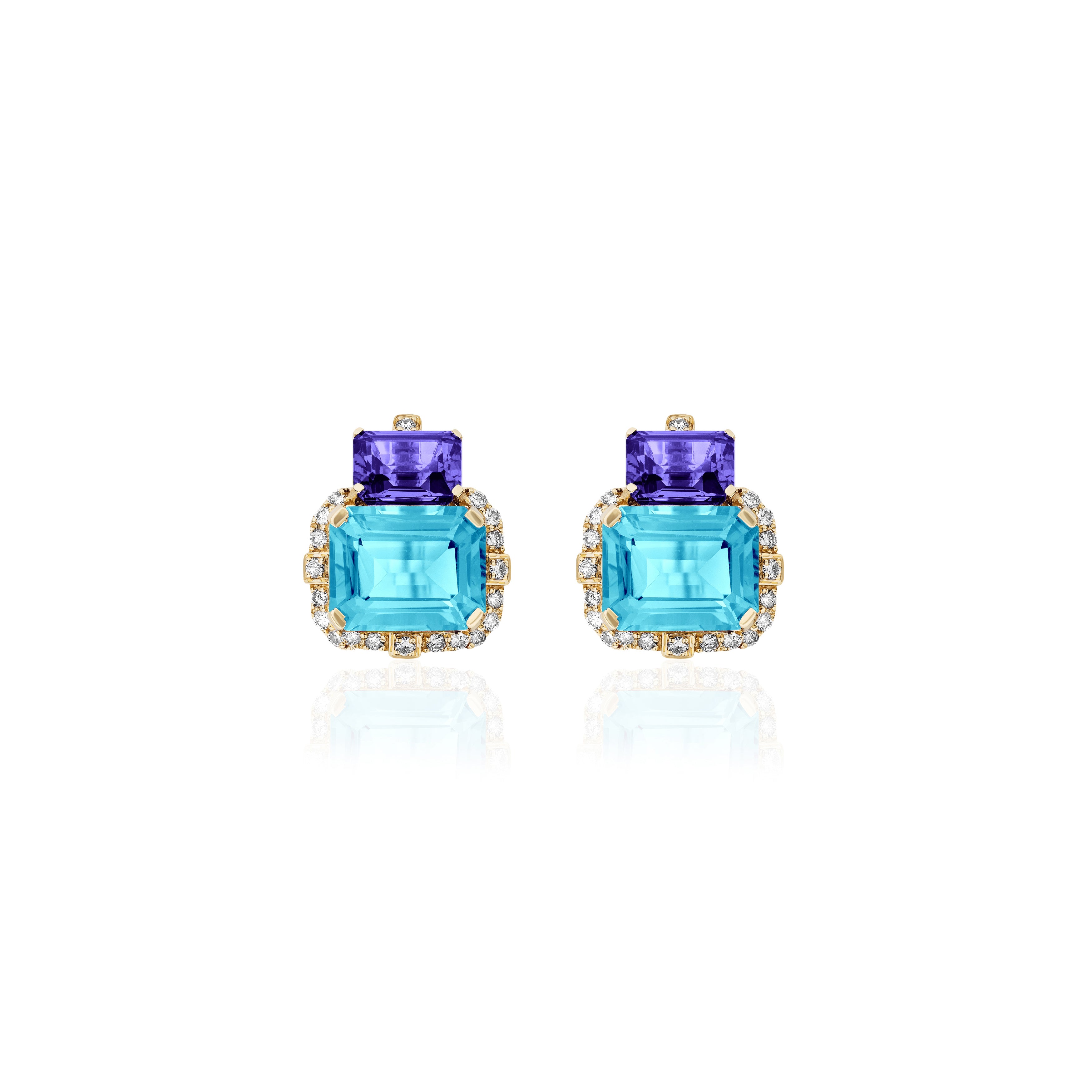 18k yellow gold 2 stone earrings with blue topaz and tanzanite with diamond pave by Goshwara Tiny Gods