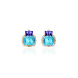 18k yellow gold 2 stone earrings with blue topaz and tanzanite with diamond pave by Goshwara Tiny Gods