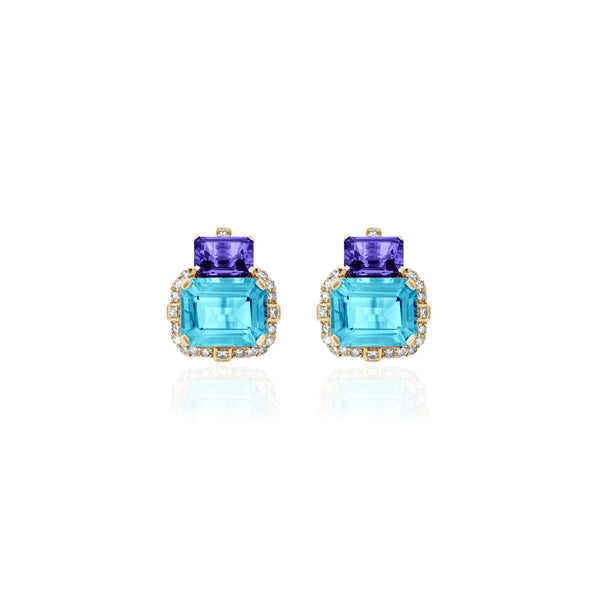 18k yellow gold 2 stone earrings with blue topaz and tanzanite with diamond pave by Goshwara Tiny Gods