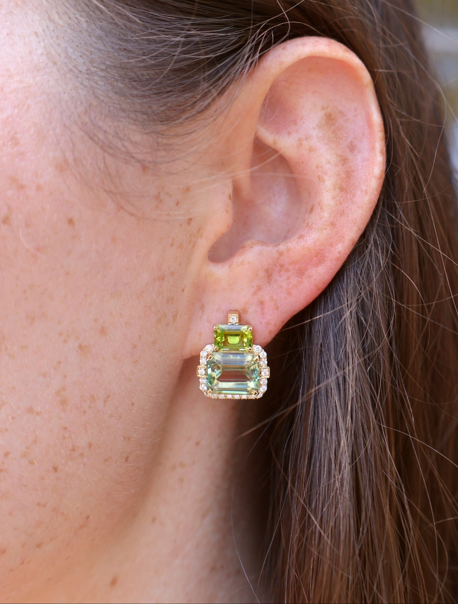 18k yellow peridot prasiolite and diamond emerald cut two stone earrings by Goshwara Tiny Gods