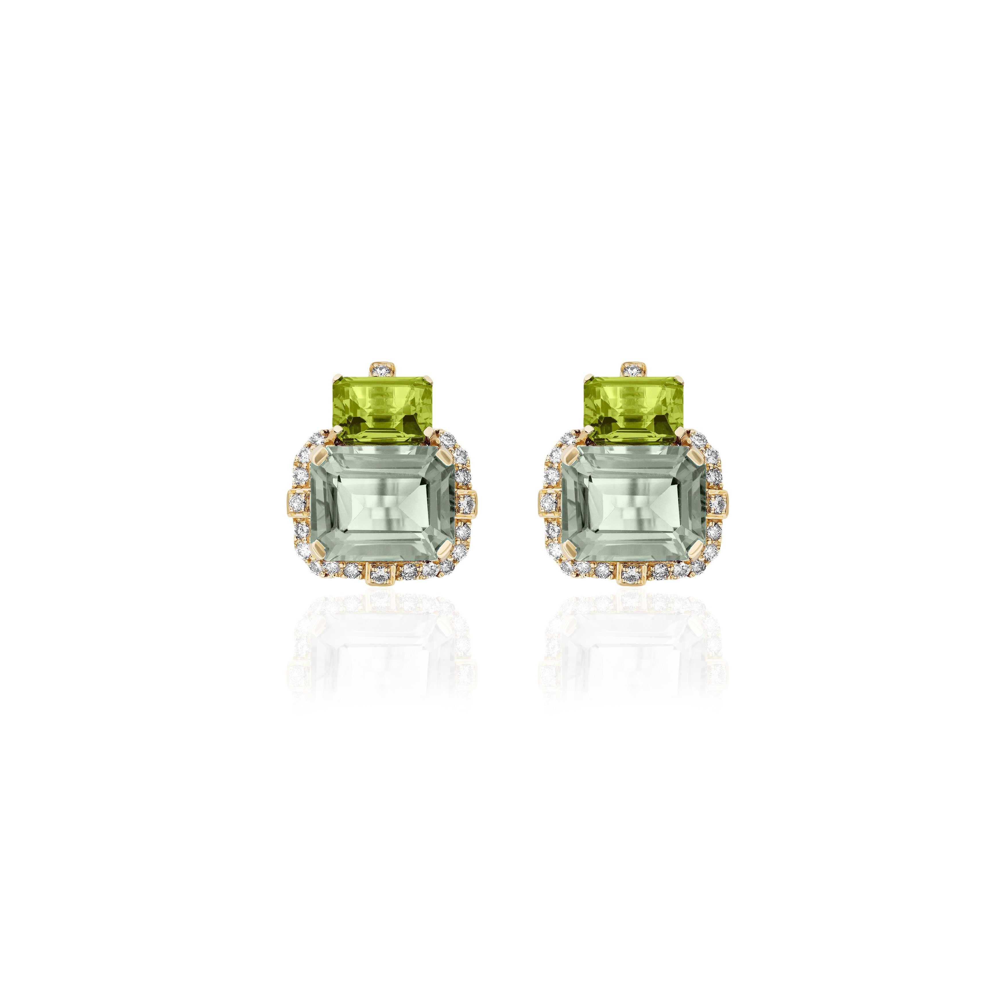 18k yellow peridot prasiolite and diamond emerald cut two stone earrings by Goshwara Tiny Gods 