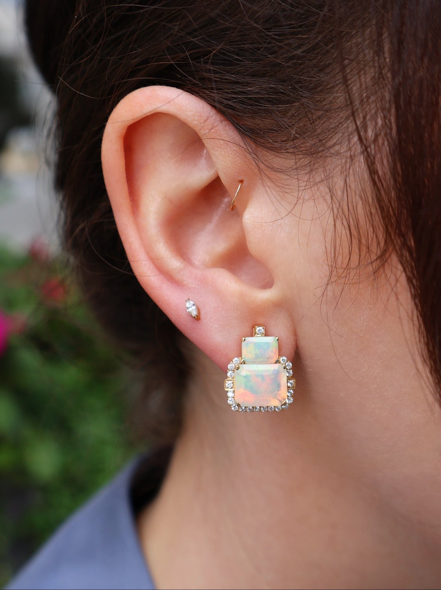 2 Stone Opal Earrings yellow gold diamonds by goshwara tiny gods 