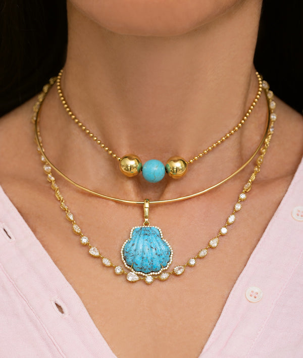 18k yellow gold Turquoise Shell Pendant by Jenna Blake Tiny Gods on model