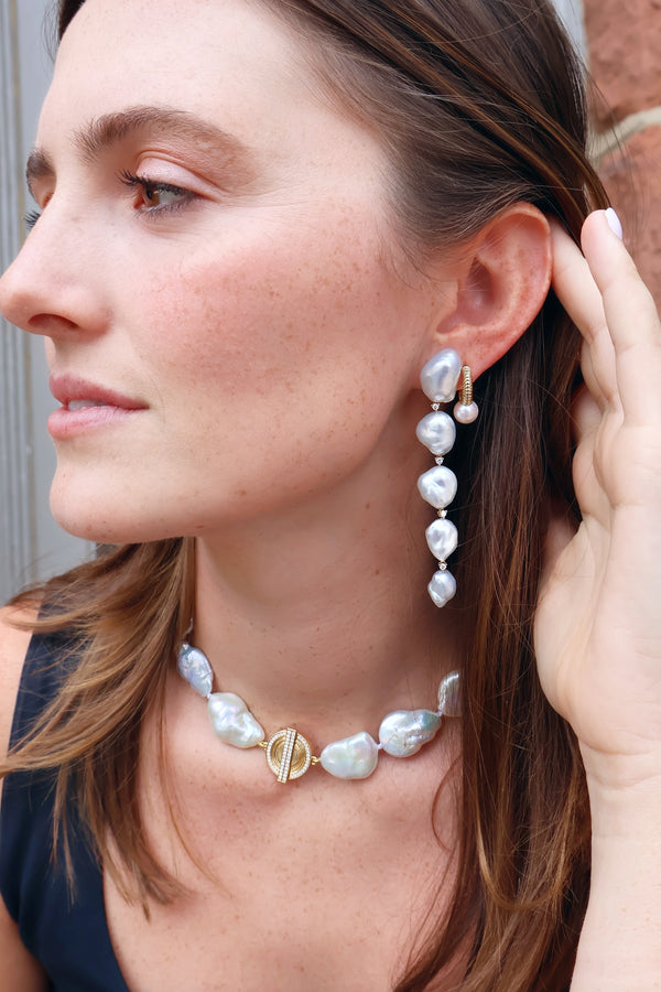 Long Keshi Pearl Earrings with Diamonds