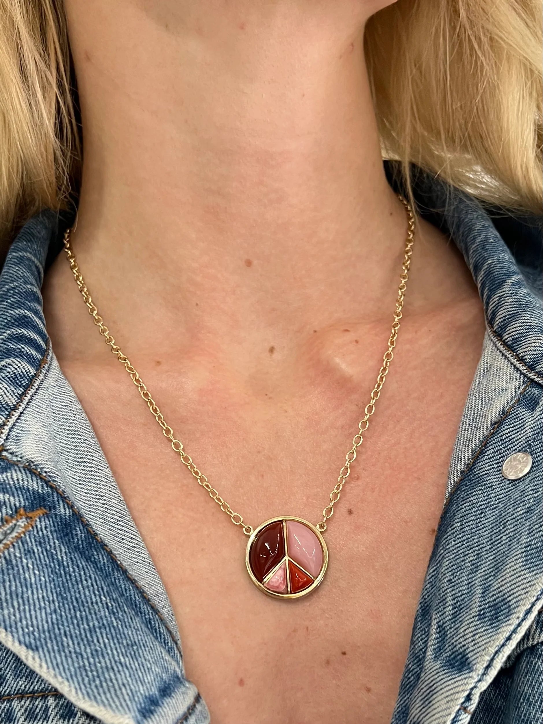 peace sign pendant carnelian pink opal Rhodochrosite yellow gold necklace tiny gods retrouvai