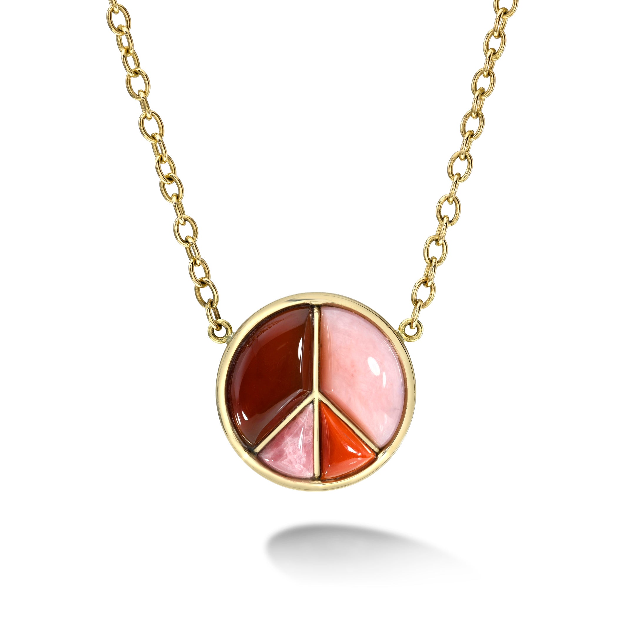 peace sign pendant carnelian pink opal Rhodochrosite yellow gold necklace tiny gods retrouvai