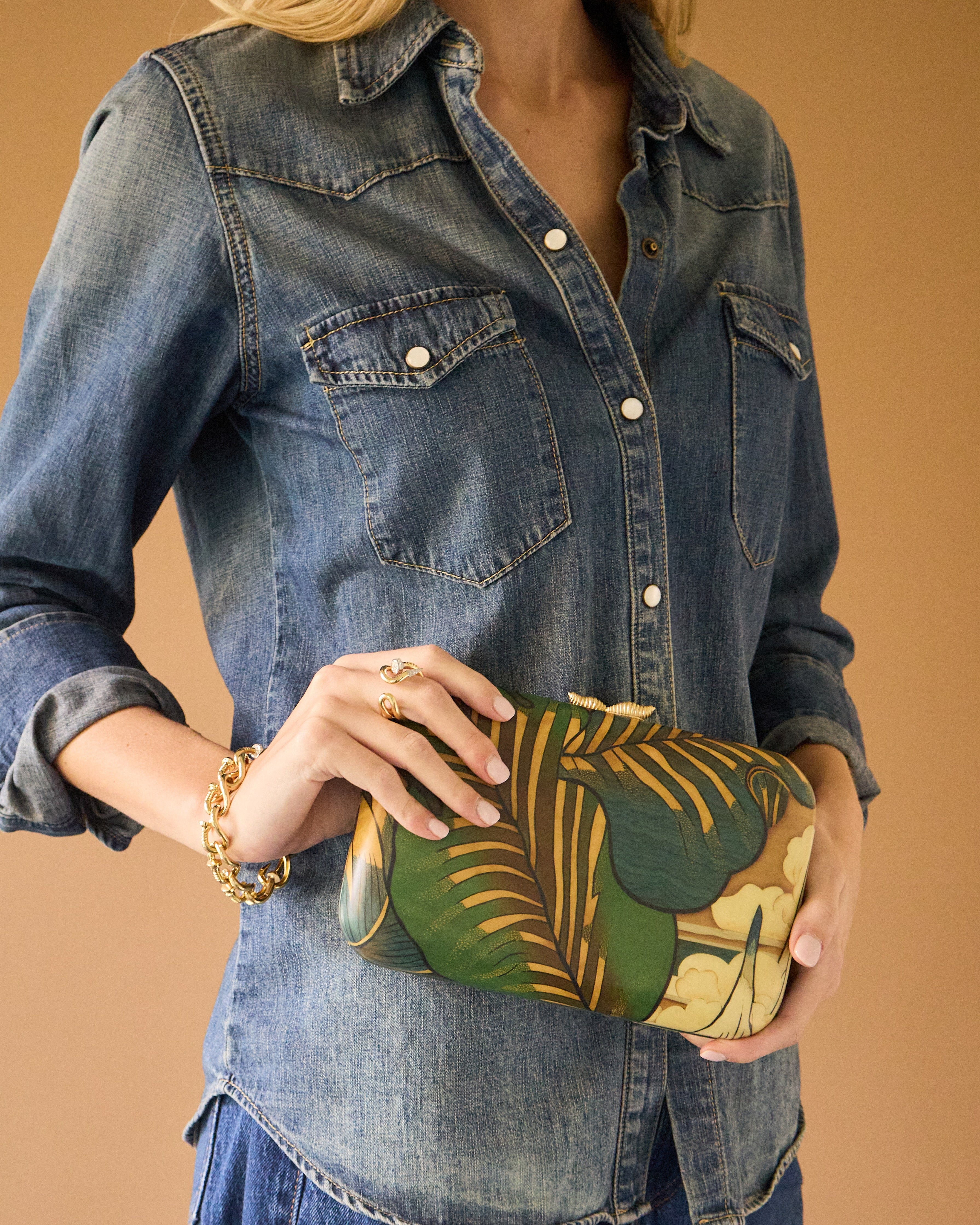 18k yellow gold Tibetan forest palm leaf wood marquetry rectangular hand bag clutch purse by Silvia Furmanovich Home Tiny Gods on model