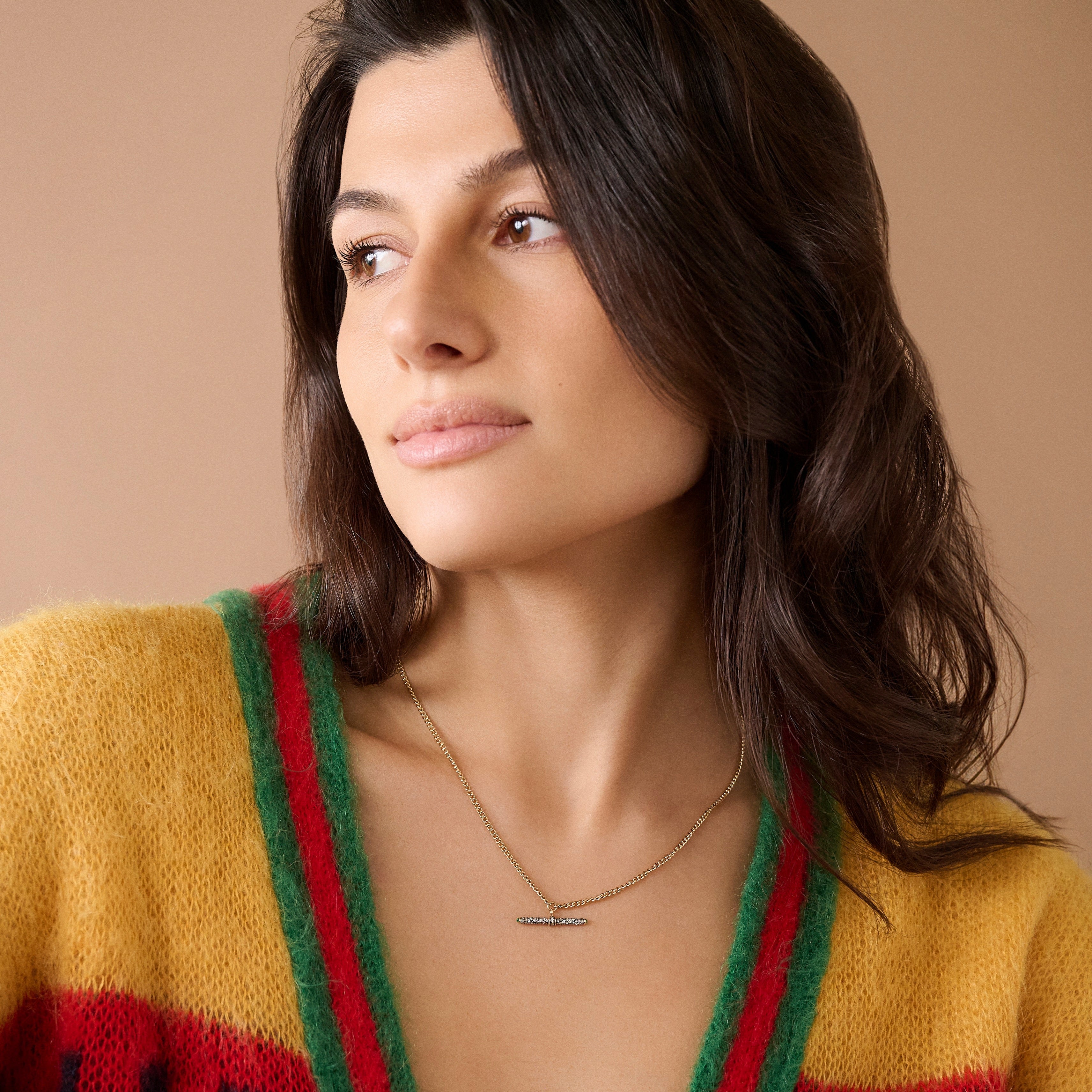 14k yellow gold diamond pave tiny t-bar pendant necklace by Lucy Delius Tiny Gods 