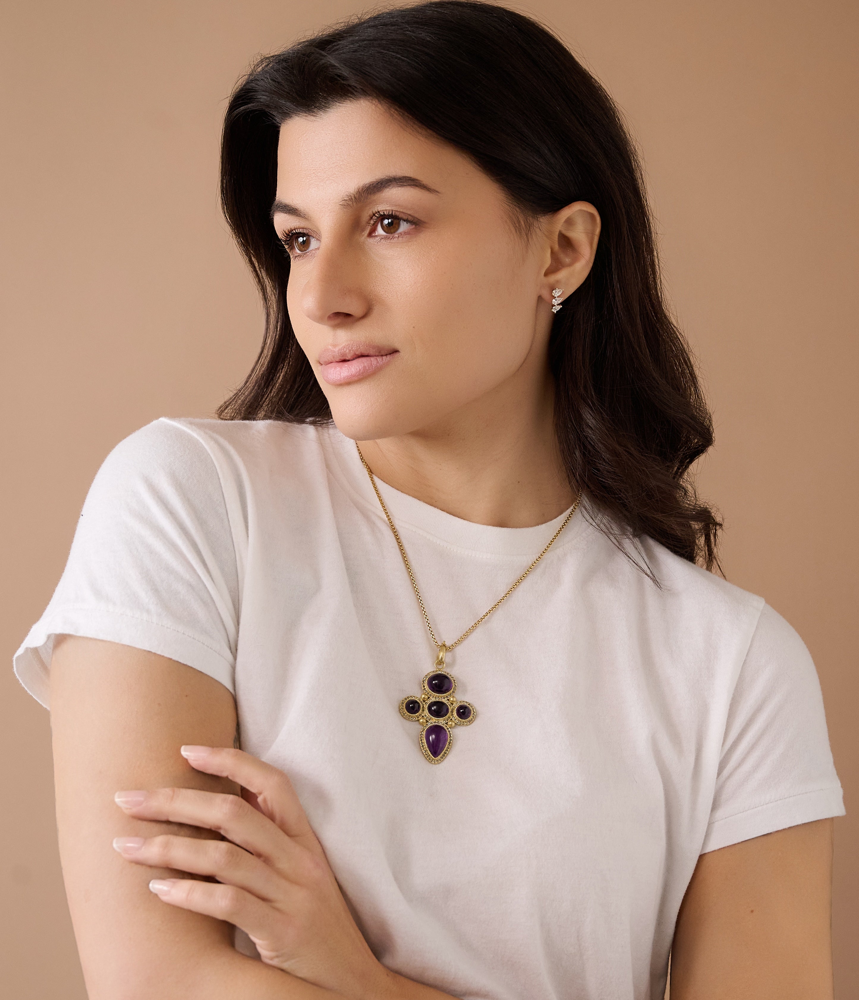 Sylva and cie amethyst yellow gold cross pendant tiny gods on model
