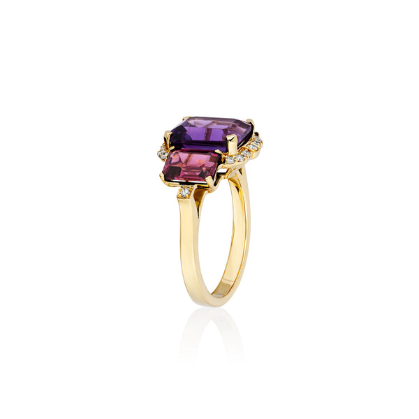 18k yellow gold 3 stone emerald cut amethyst, garnet and diamond trio ring by Goshwara Tiny Gods