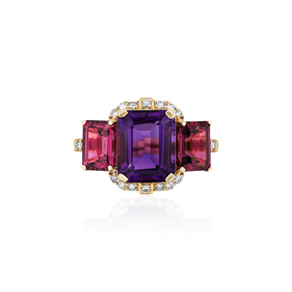 18k yellow gold 3 stone emerald cut amethyst, garnet and diamond trio ring by Goshwara Tiny Gods