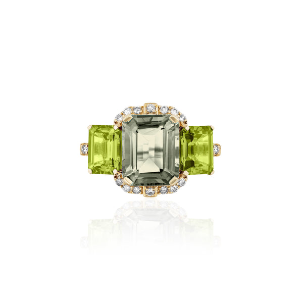 18k yellow gold 3 stone emerald cut prasiolite and peridot ring with diamonds by Goshwara Tiny Gods