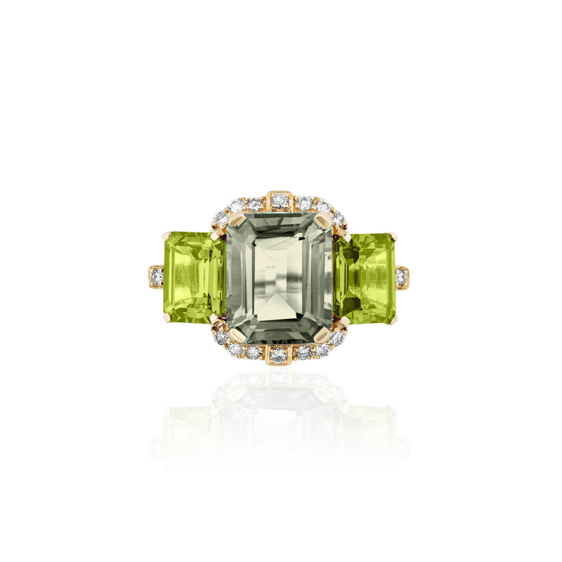 18k yellow gold 3 stone emerald cut prasiolite and peridot ring with diamonds by Goshwara Tiny Gods