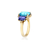 18k yellow gold 3 stone ring with blue topaz tanzanite and pave diamonds by Goshwara Tiny Gods