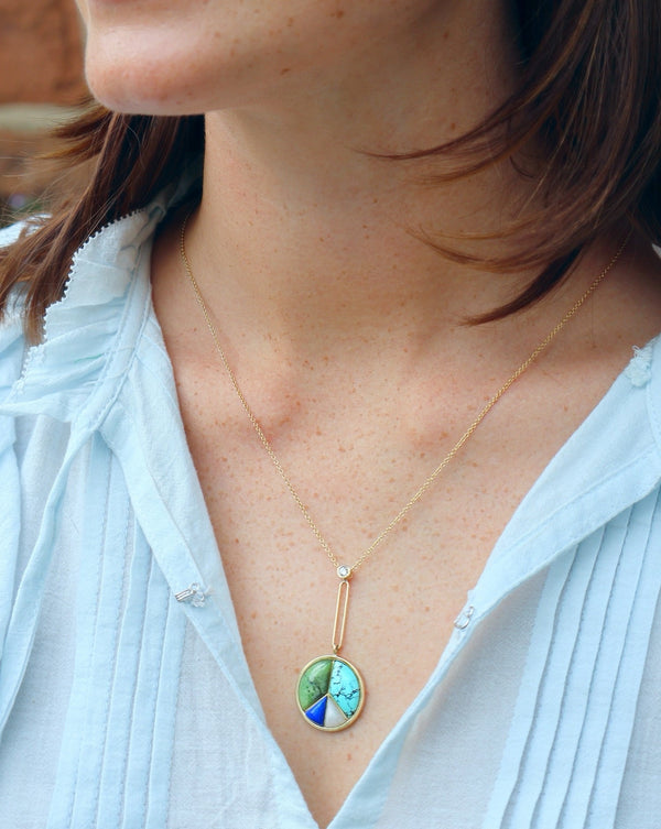 14k yellow gold signature peace sign pendant with green opal, turquoise white quartz and lapis by Retrouvai Tiny Gods