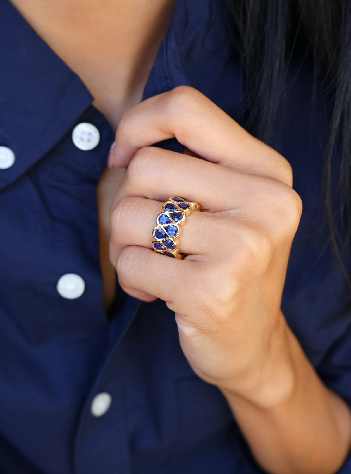 18k yellow gold pear sapphire infinity eternity band ring by Tiny Gods