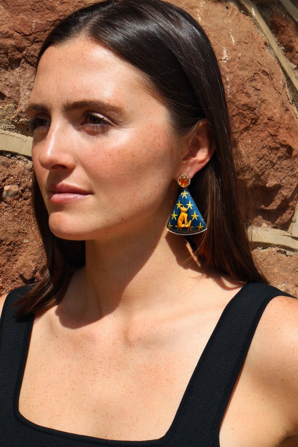 18k yellow gold Egypt blue pharaoh cat marquetry earrings with citrine and diamonds by Silvia Furmanovich Tiny Gods on model