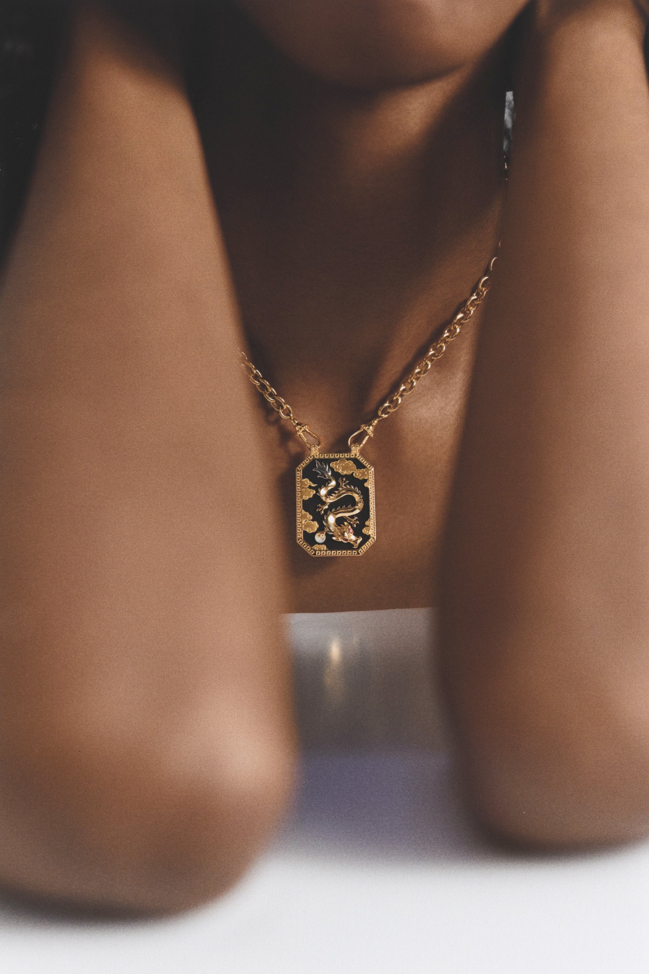 18k yellow gold black ebony wood scapular with GIA certified diamond Touch Wood by Marie Lichtenberg on a chain Tiny Gods 