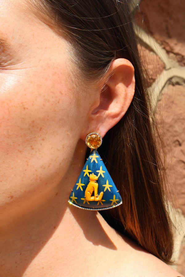 18k yellow gold Egypt blue pharaoh cat marquetry earrings with citrine and diamonds by Silvia Furmanovich Tiny Gods