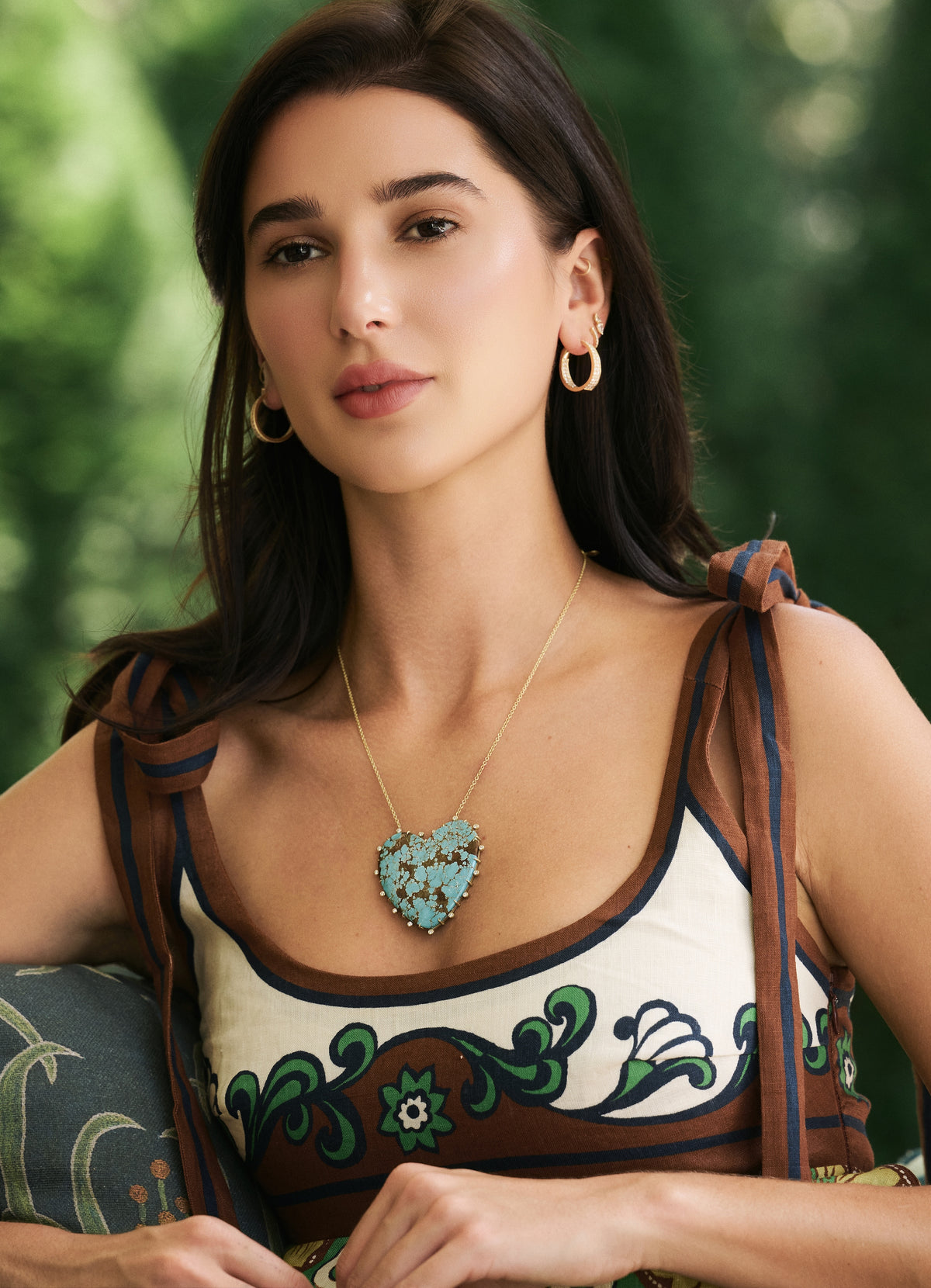 18k yellow gold large turquoise heart pendant with diamond border necklace by Suzy Landa Tiny Gods on model