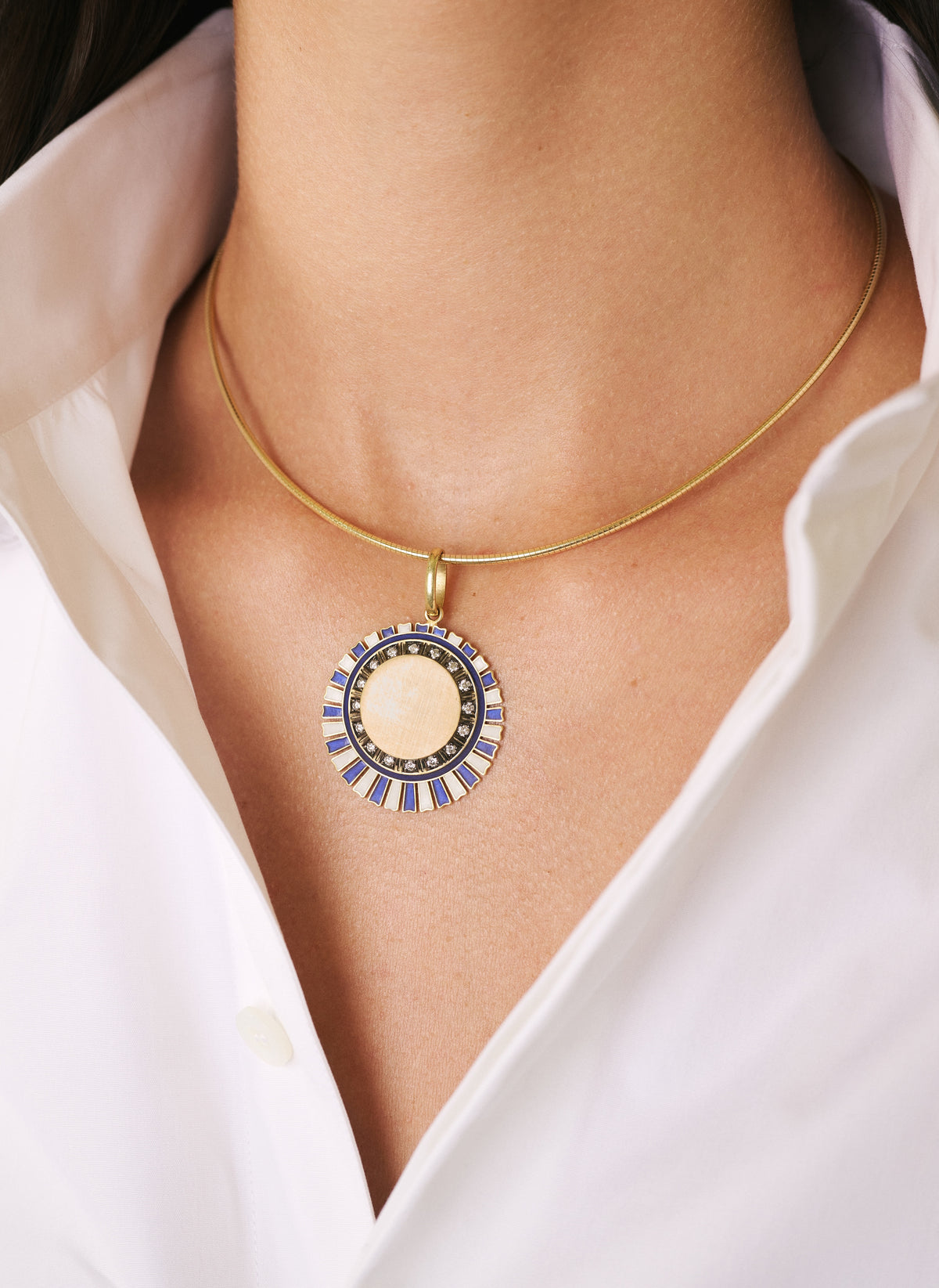 18k yellow gold two tone blue and white enamel diamond love token by Circa 1700 Tiny Gods on model and wire torque choker