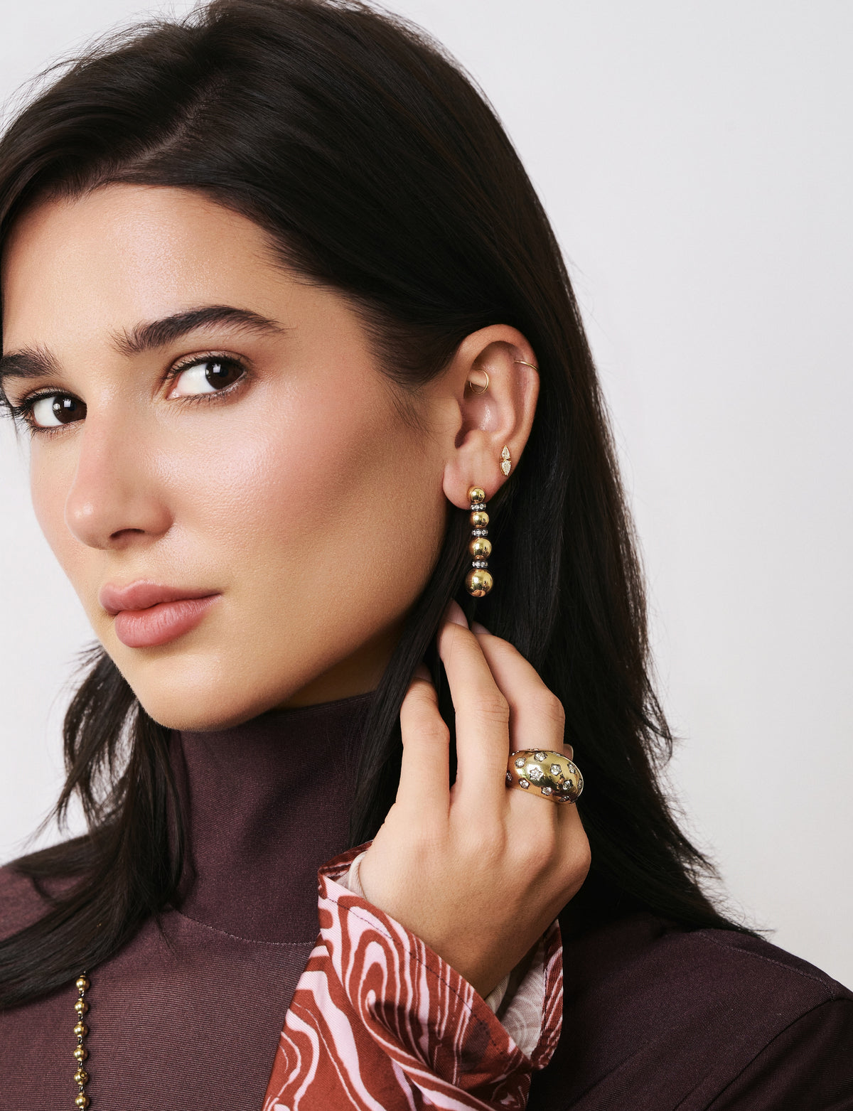 18k yellow gold diamond rondelle 4 disco ball danlge drop earrings by Jenna Blake Tiny Gods on model